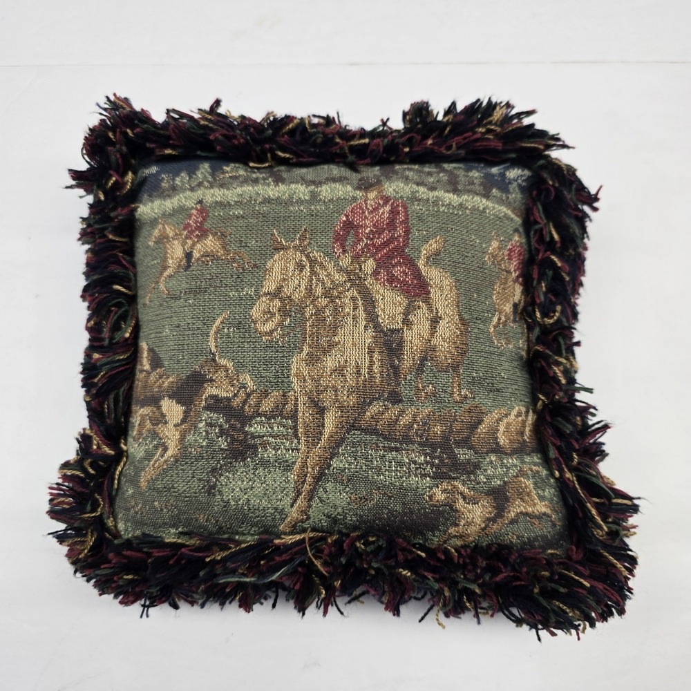 Vintage 90s Riverdale Fox Hunt Tapestry Mini Pillow Fringe Equestrian Horse USA
